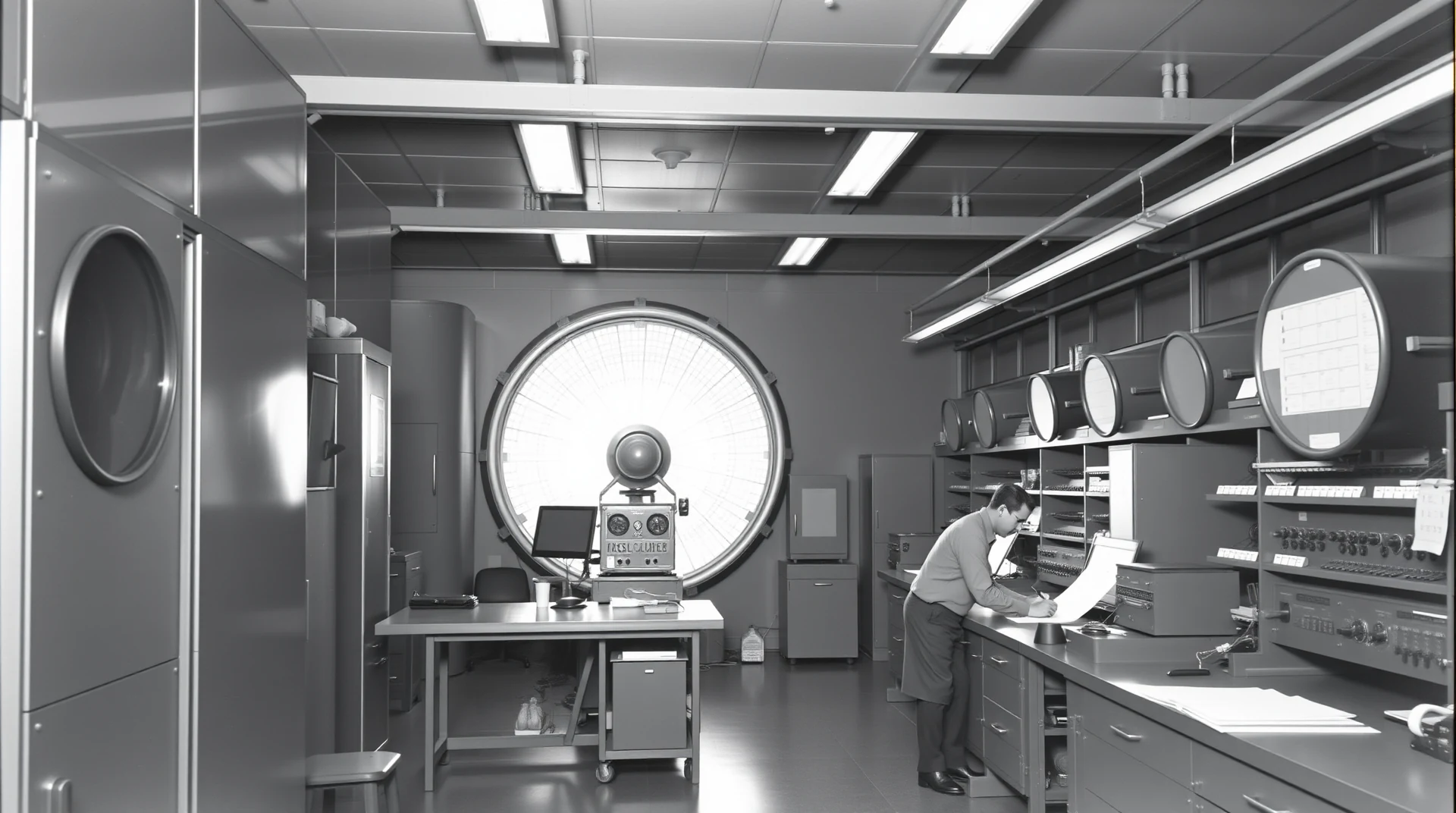 A man works at a desk in a laboratory filled with scientific equipment, including a large circular device and various control panels, suggesting a setting related to microwave technology research.
