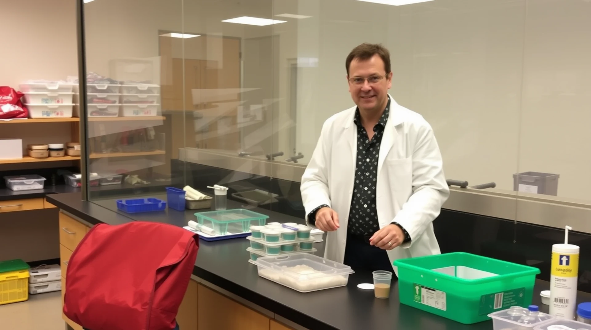 A person wearing a white lab coat stands behind a cluttered laboratory bench filled with various containers and equipment, suggesting a scientific experiment or research activity.