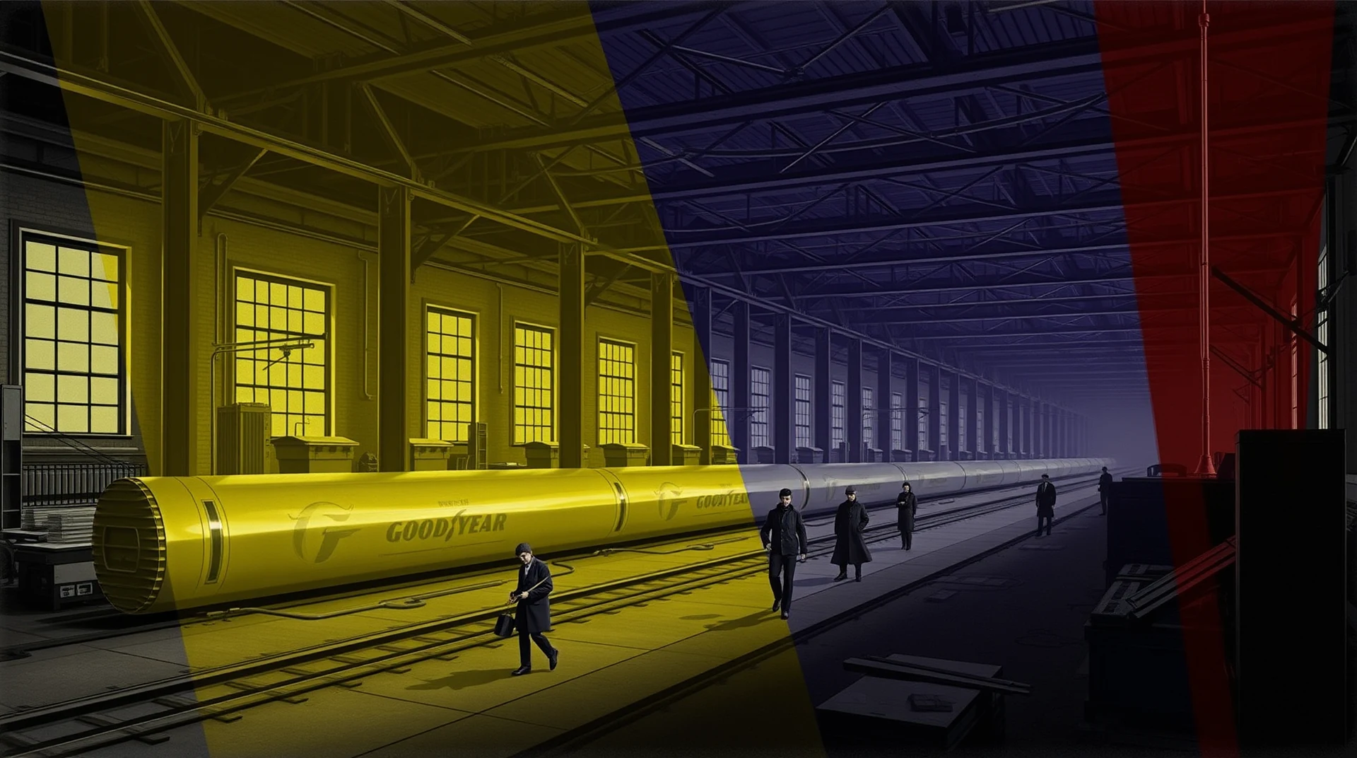 A large Goodyear-branded cylindrical object lies on tracks inside a spacious industrial building with yellow, blue, and red lighting, while several individuals in dark clothing walk along the platform.