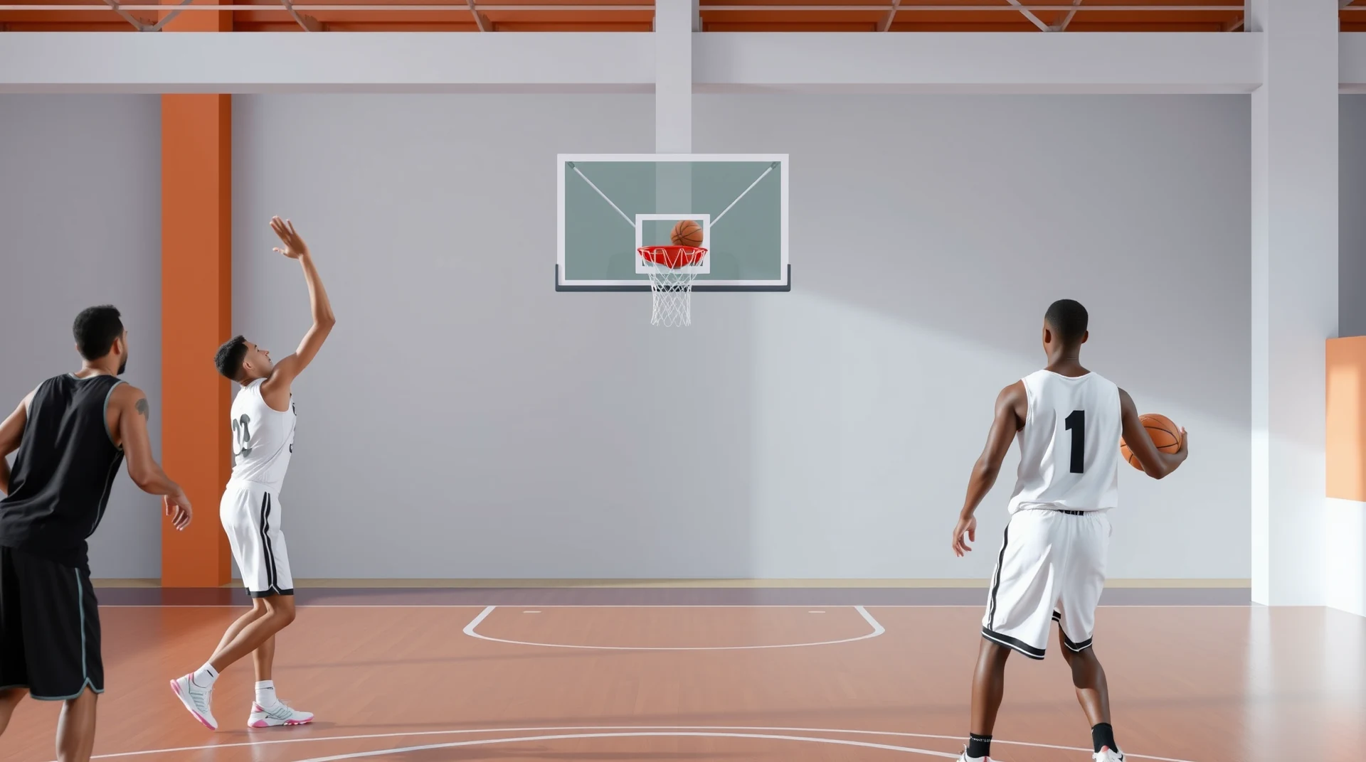 A basketball player in a white jersey with the number 1 on their back holds a ball while another player in a black jersey stands nearby. A third player in a white jersey with the number 23 raises their arm, seemingly about to shoot the ball. The scene takes place in an indoor basketball court with a hoop and backboard visible in the background.