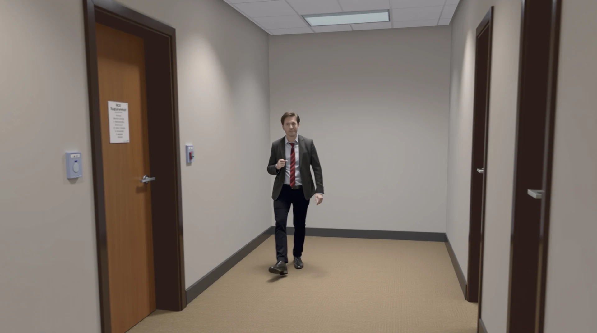 A man in a suit walks down a hallway with closed doors on either side, demonstrating the Doorway Effect, where physical boundaries can disrupt short-term memory.