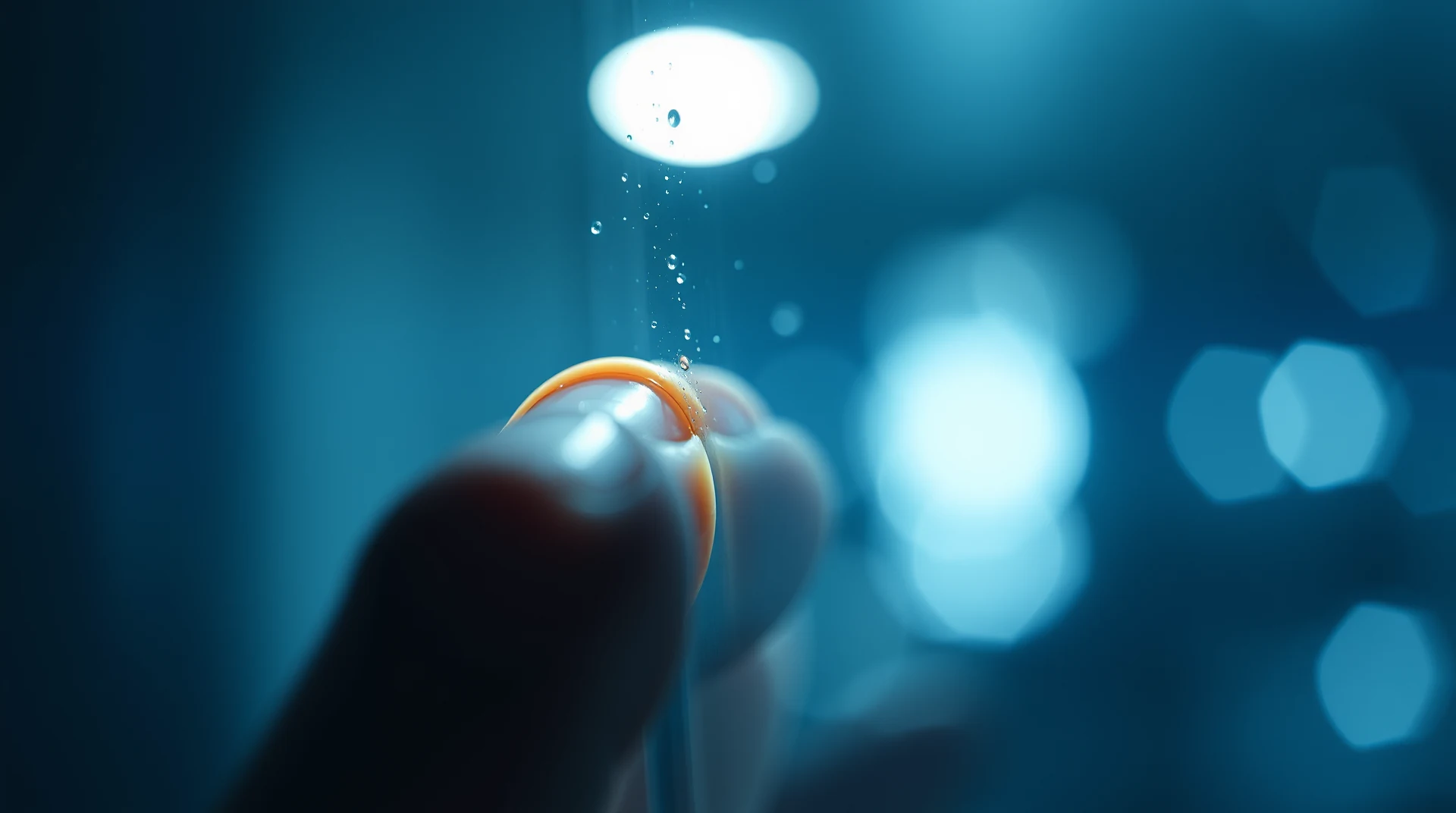 A close-up view of a finger with a drop of liquid, set against a blurred background of blue lights, symbolizes the concept that atoms are mostly empty space.