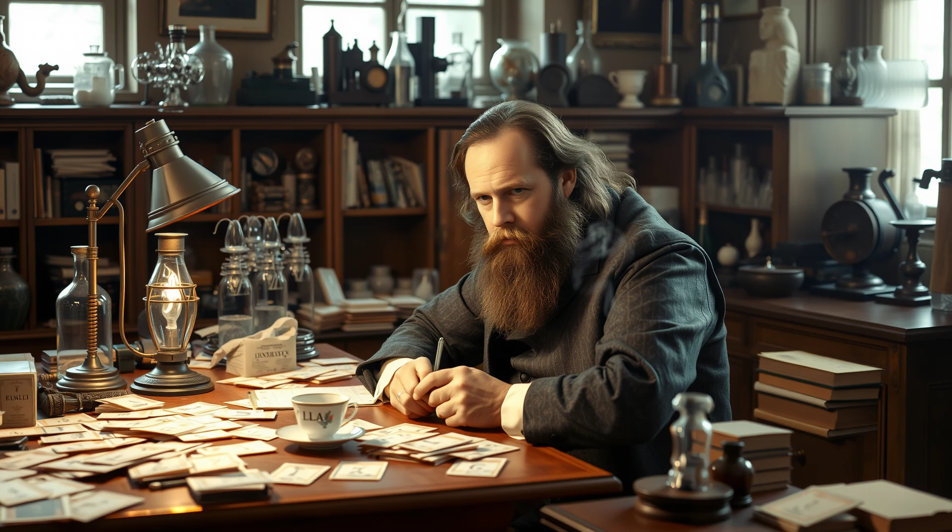 A Russian chemist with long hair and a beard sits at a desk cluttered with papers, a lamp, and scientific apparatus, writing in a notebook as he sketches a table of elements with three deliberate blanks.
