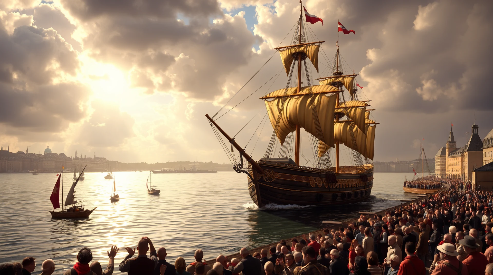A large, ornate ship with golden sails is docked at a bustling harbor, surrounded by a crowd of people watching as the sun sets behind dramatic clouds.