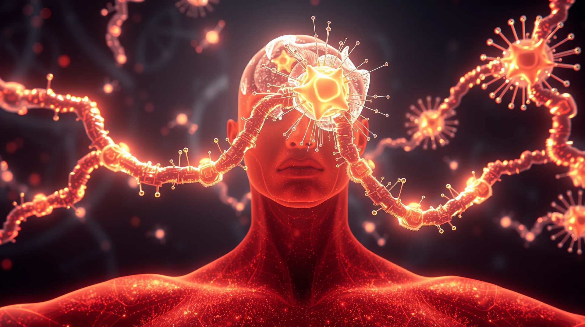 A human figure with glowing red skin and intricate neural pathways is depicted, surrounded by glowing, interconnected molecular structures, symbolizing the complex interplay of electrons in the body's structure.