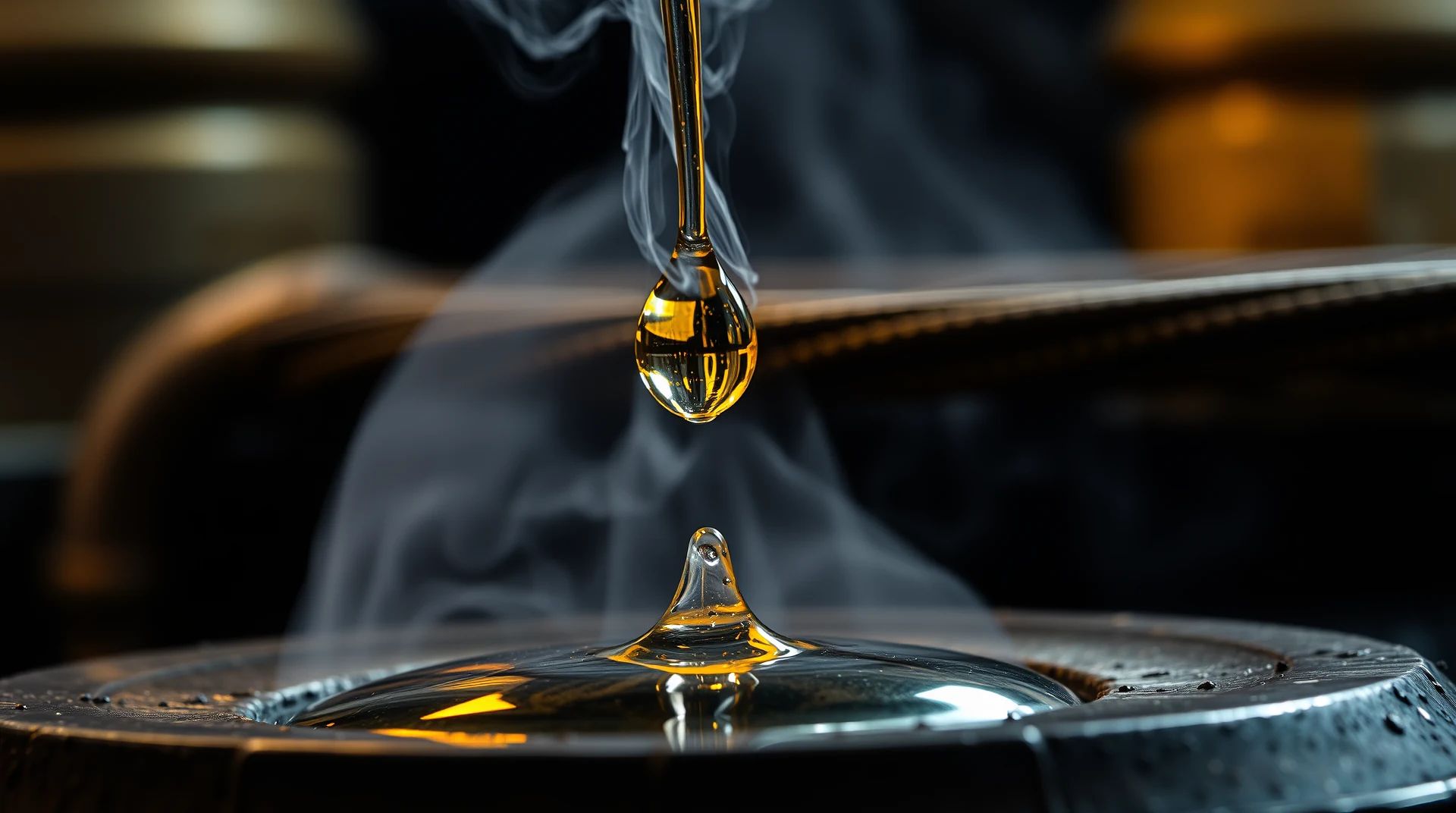 A droplet of golden liquid hangs from a spoon above a dark surface, with wisps of smoke rising around it, symbolizing the delicate balance of pH levels crucial for life.