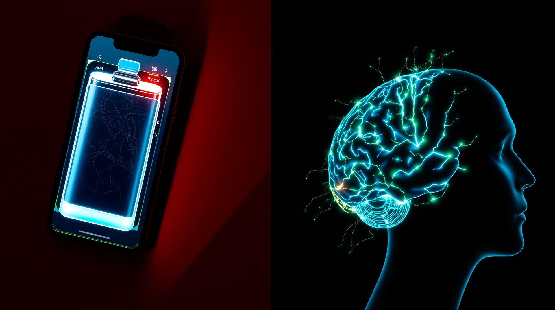 A glowing smartphone displays a battery icon, while a silhouette of a head with a glowing brain illustrates the concept that your brain is like a battery.
