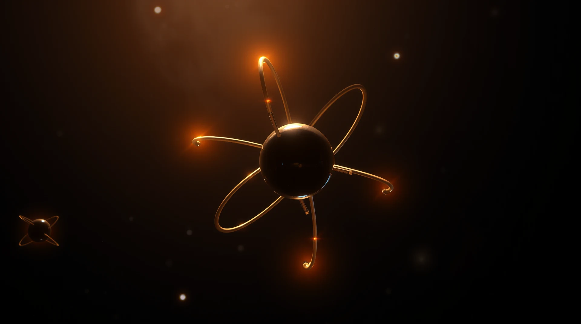 A glowing atom with a central black sphere and radiating gold rings is depicted against a dark background, symbolizing the atomic structure of carbon.