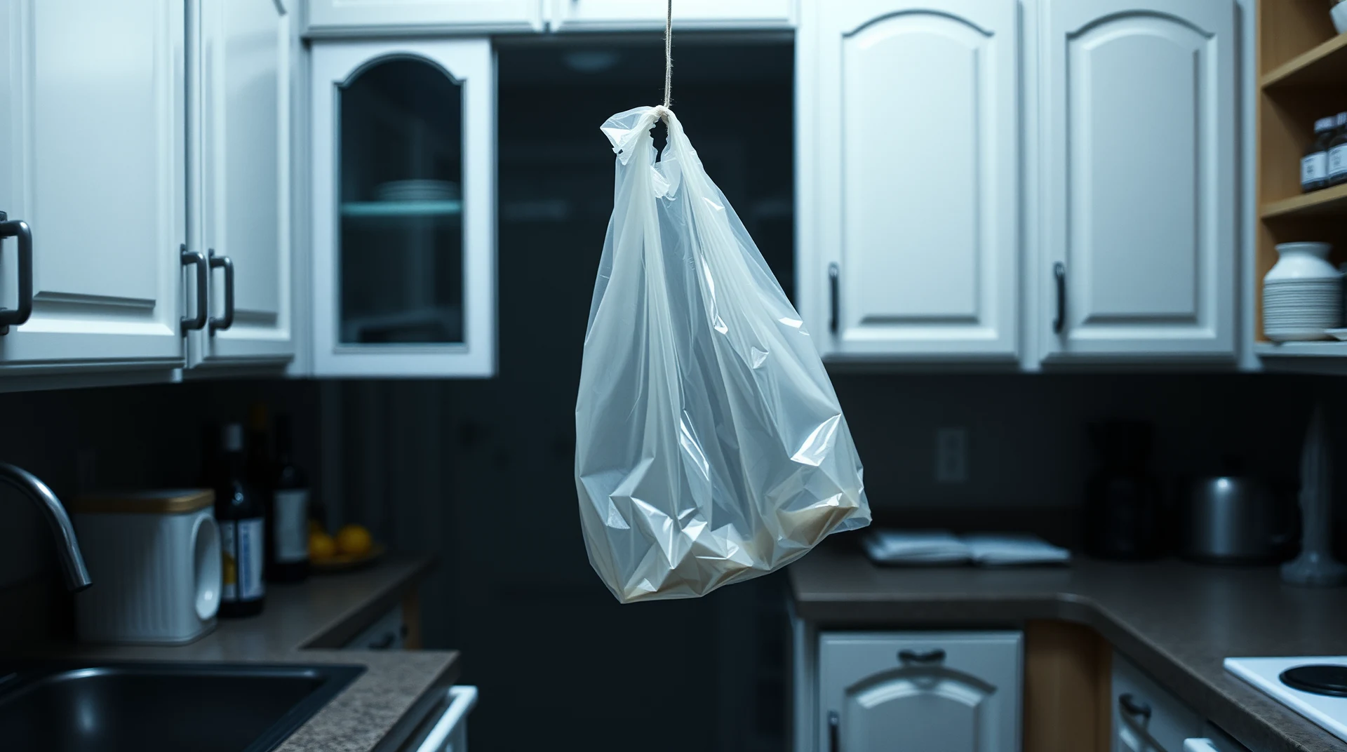 A crumpled white plastic bag hangs suspended in a modern kitchen, symbolizing the enduring nature of synthetic materials despite their brief utility.