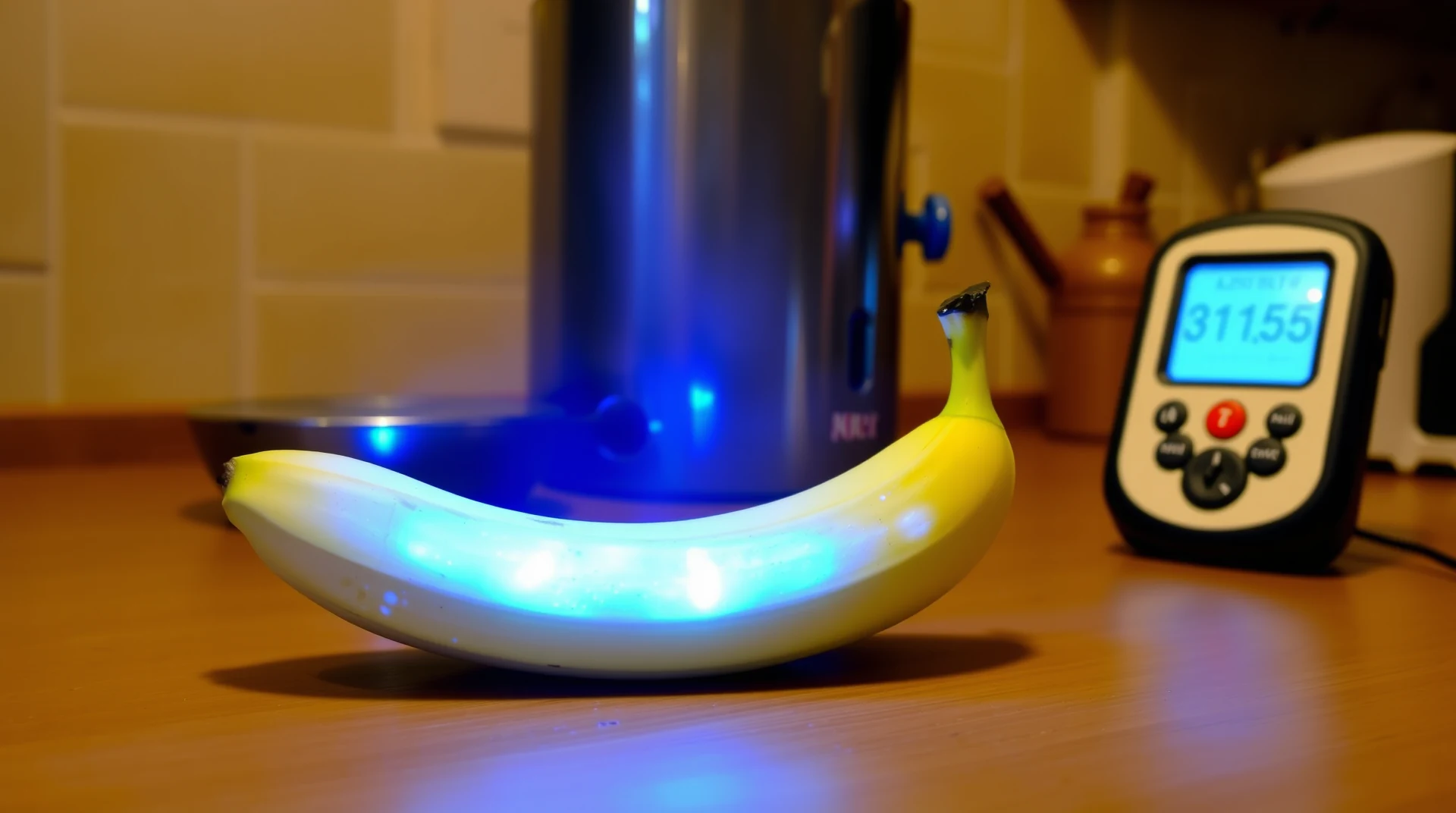 A banana with a glowing blue light inside sits on a wooden surface next to a digital radiation detector displaying a reading of 311.55.
