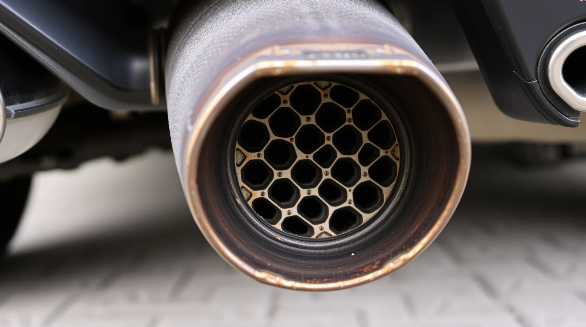 A close-up view of a car's exhaust pipe reveals a honeycomb structure inside, showcasing the intricate design used in catalytic converters to accelerate chemical reactions.