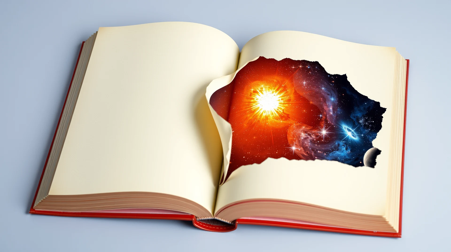 An open book reveals a cosmic scene with vibrant stars, nebulae, and a bright central star, symbolizing the mysterious fourth state of matter, plasma.