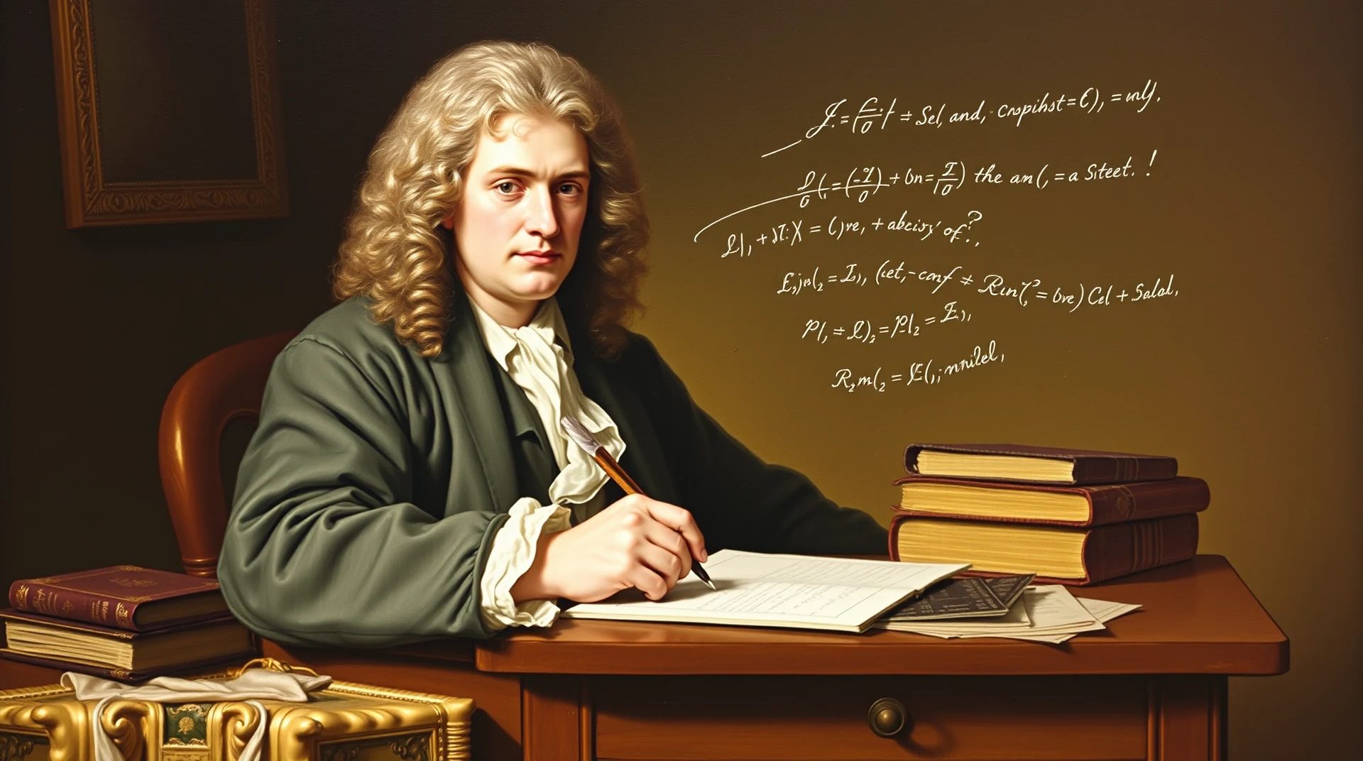 A portrait depicts a person dressed in historical attire, seated at a desk with books and papers, seemingly engaged in writing or study, with mathematical equations and symbols visible on the wall behind them.