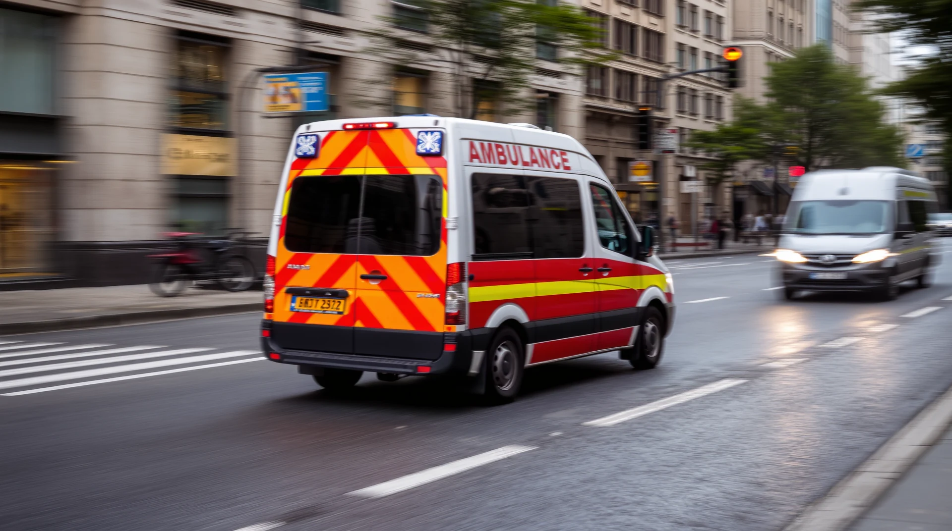 An ambulance with flashing lights drives down a city street, its rear prominently displaying the word "AMBULANCE."