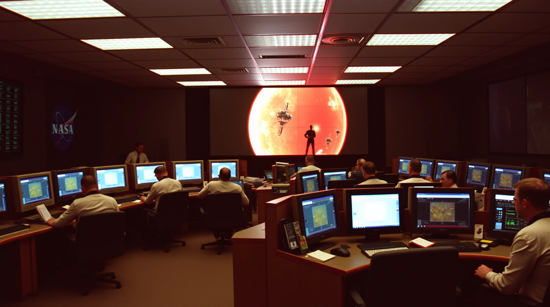 A control room with multiple monitors displays data and images related to Mars Climate Orbiter, while a large screen in the background shows an illustration of the spacecraft against a red celestial backdrop.