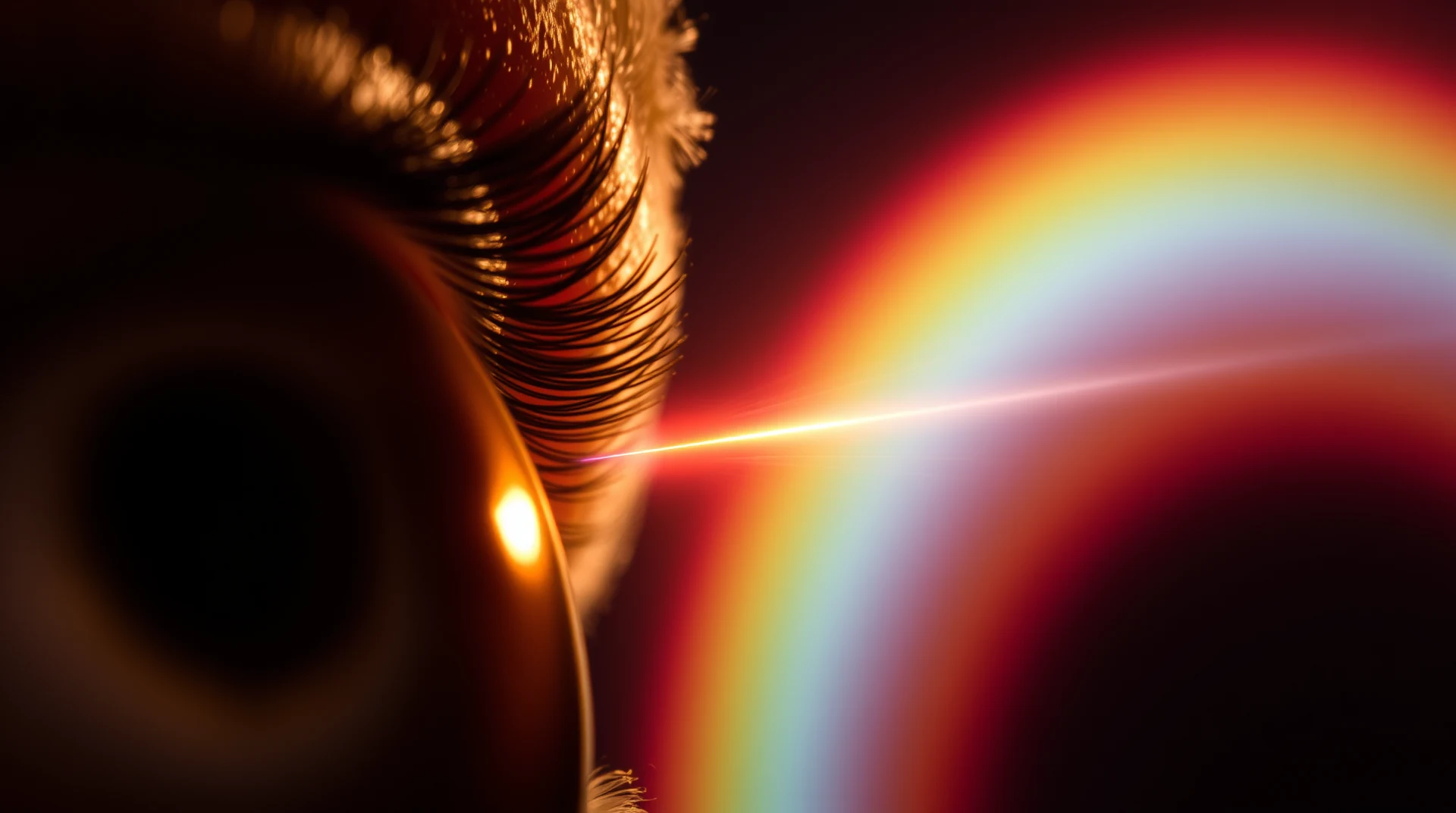 A close-up of an eye with a vibrant rainbow spectrum emanating from it, symbolizing the limited range of human vision compared to the full electromagnetic spectrum.