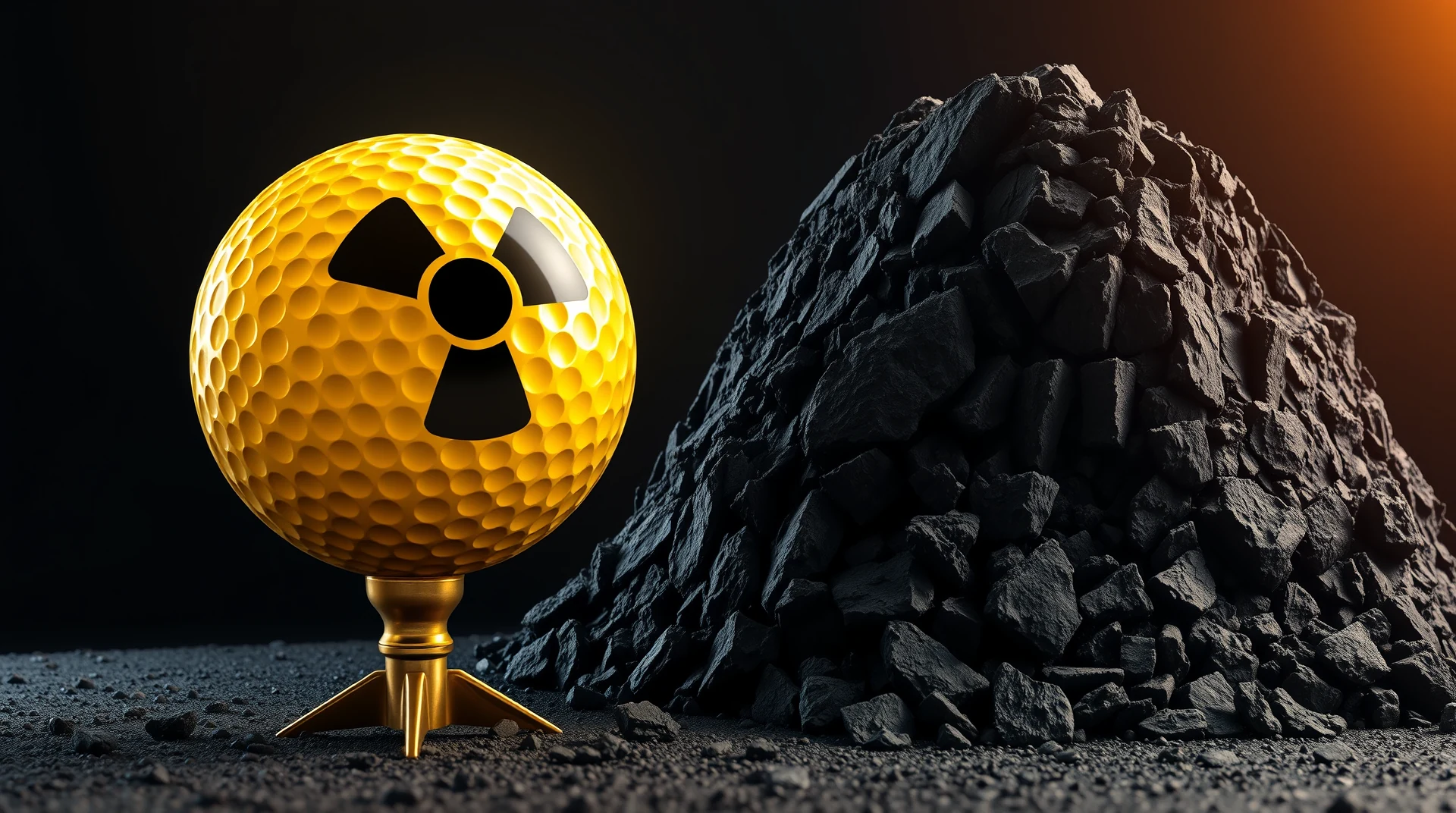 A golf ball with a radioactive symbol sits atop a golden tee, next to a mound of coal, symbolizing the immense energy contained in a small amount of uranium compared to coal.