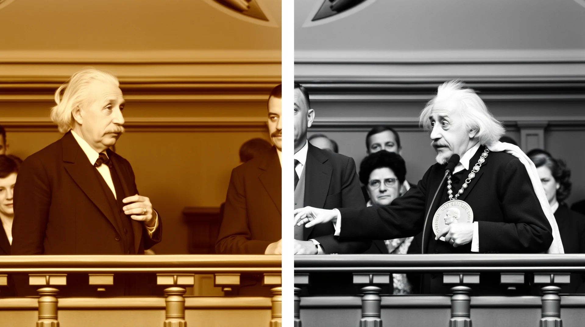 A sepia-toned photograph on the left shows a man in formal attire standing at a podium, while a black-and-white photograph on the right depicts the same man receiving a medal from another individual, with a crowd of people in the background.
