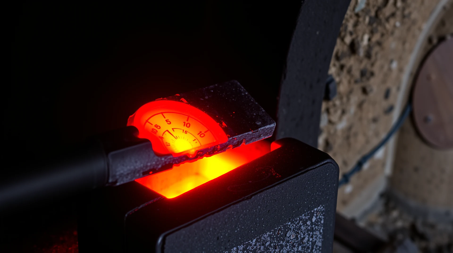 A glowing red-hot object emits intense light, indicating high temperature, with a scale visible in the background suggesting precise measurement.