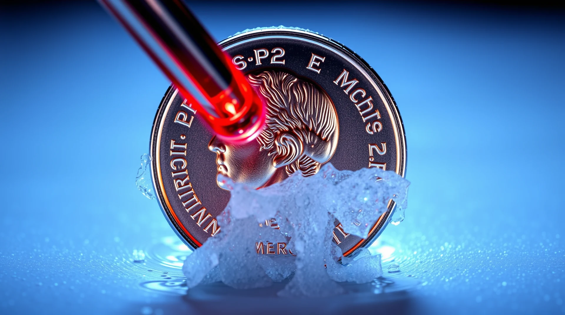 A coin with a red laser beam shining through it is surrounded by ice crystals, symbolizing the cooling of a metal to near absolute zero, where electrons move without friction, demonstrating superconductivity.