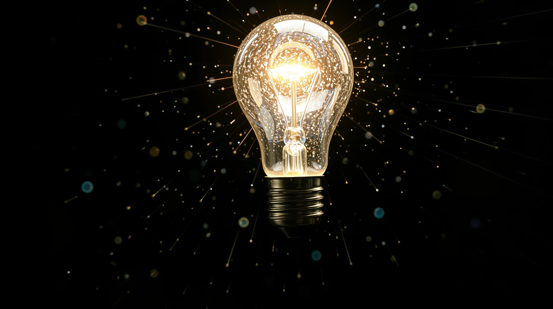 A glowing light bulb with a filament inside emits a warm glow against a dark background adorned with sparkling particles, symbolizing an idea or innovation.