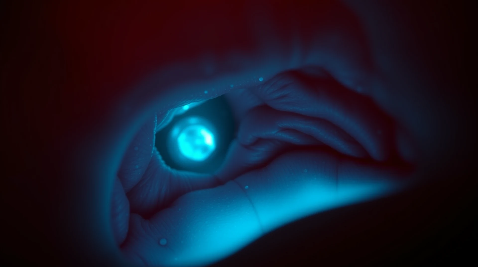 A close-up of a glowing blue eye with hands cupping it, set against a dark red background, symbolizing the intricate process of cell division within the body.