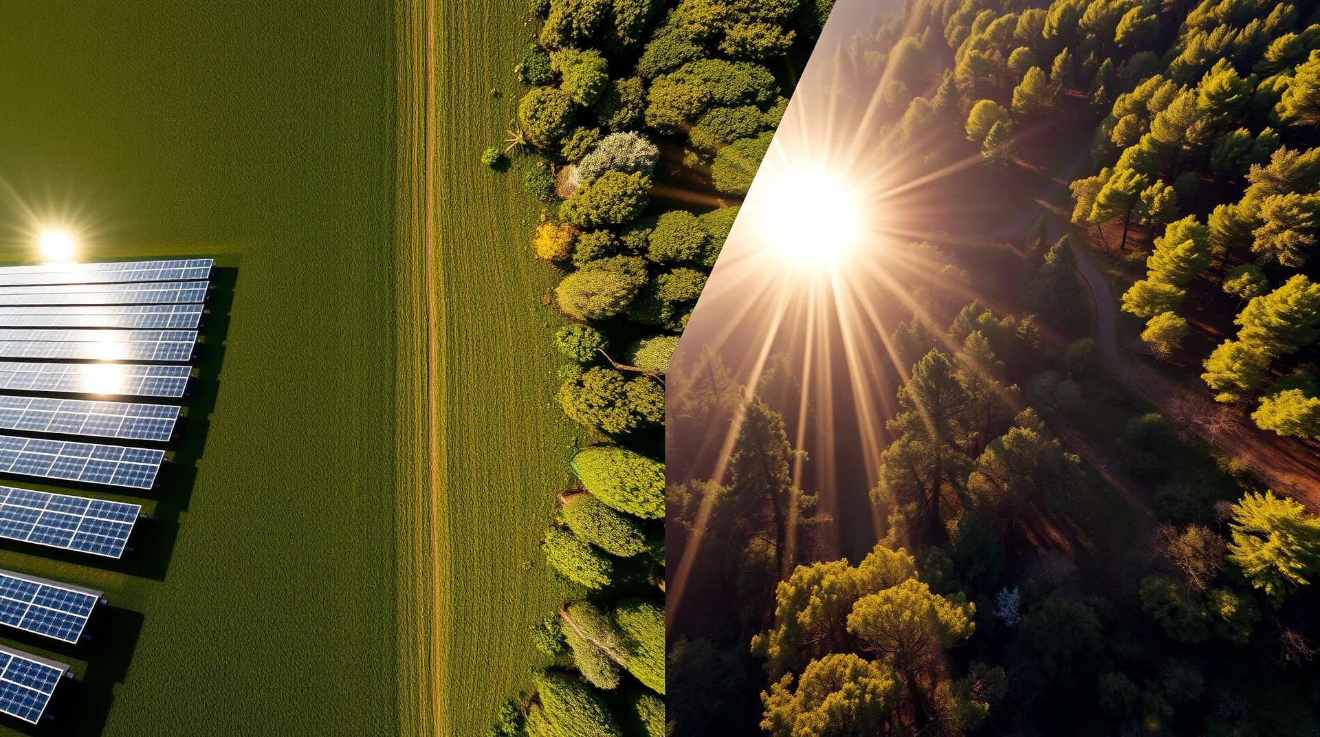 The image shows a field with rows of solar panels on the left and a forest canopy on the right, both illuminated by sunlight, highlighting the contrast between human-made solar technology and natural photosynthesis.