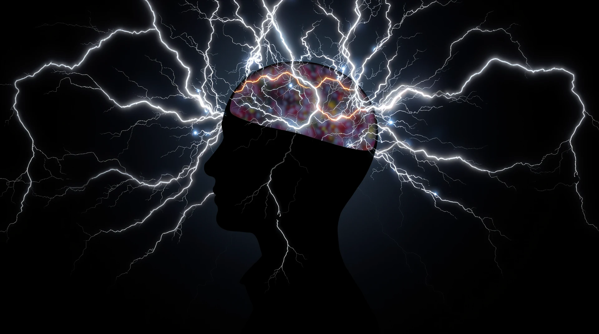 A silhouette of a person's head with a glowing brain and lightning bolts radiating outward symbolizes the rapid firing of neurons within the brain, emphasizing its high-speed processing capabilities.