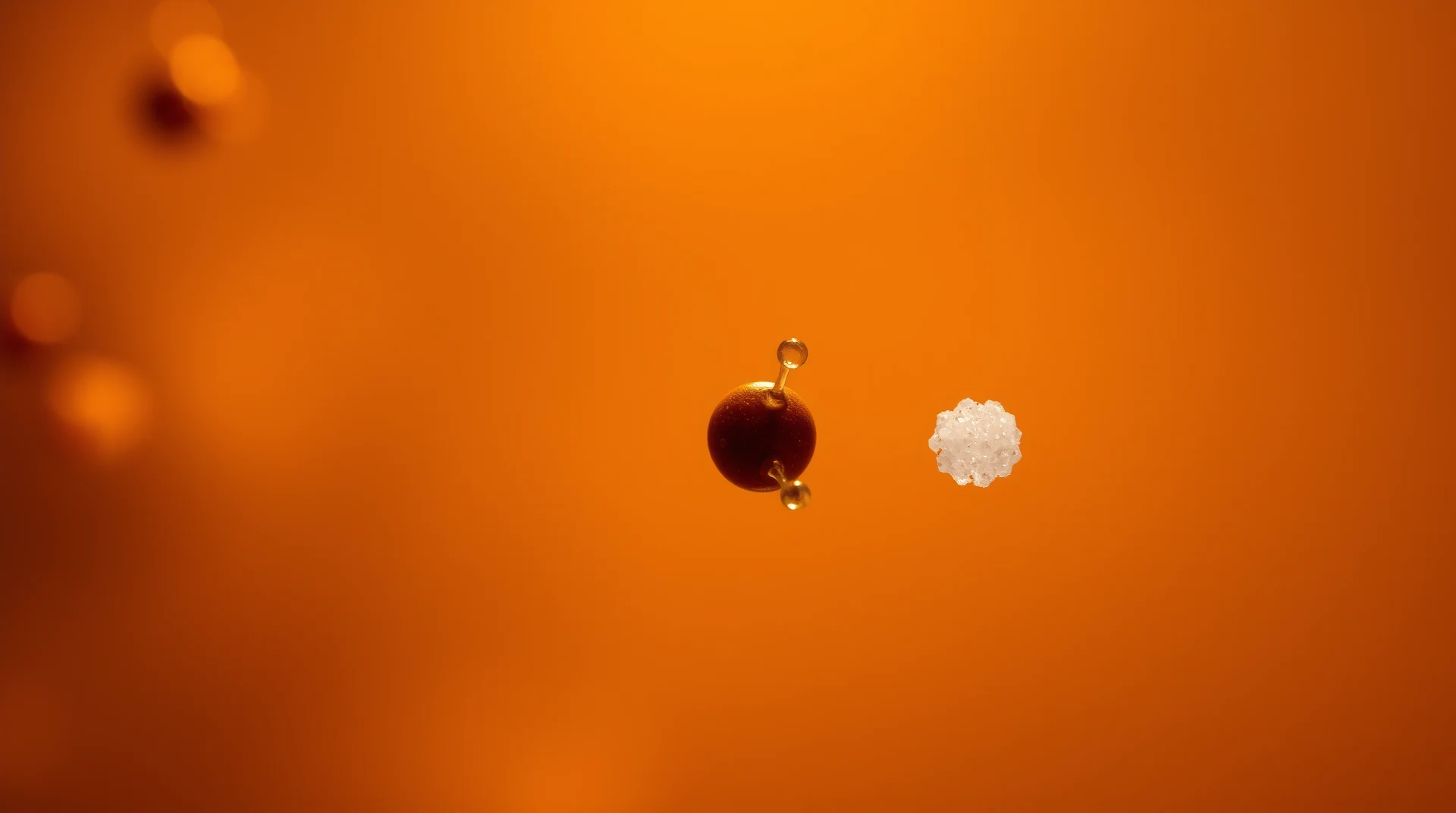 A red molecule with a white crystalline structure on an orange background symbolizes hormones, illustrating their role in controlling mood.