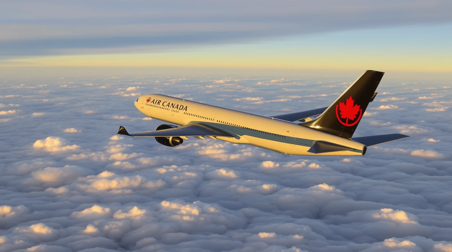 An Air Canada aircraft soars above a sea of clouds, its tail featuring the iconic red maple leaf logo, symbolizing the airline's Canadian heritage.