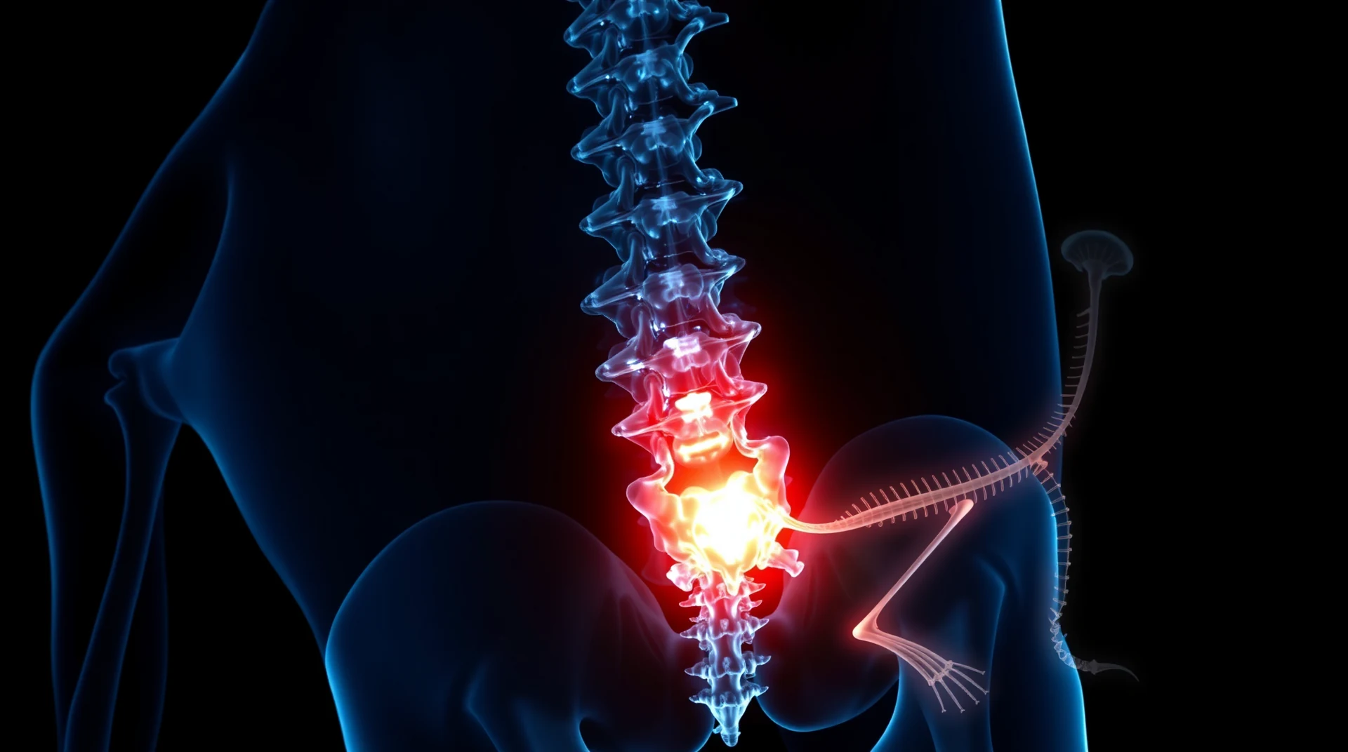 The image depicts a human skeleton with a highlighted lower back area, emphasizing the spine and surrounding bones in a glowing blue and red color scheme.