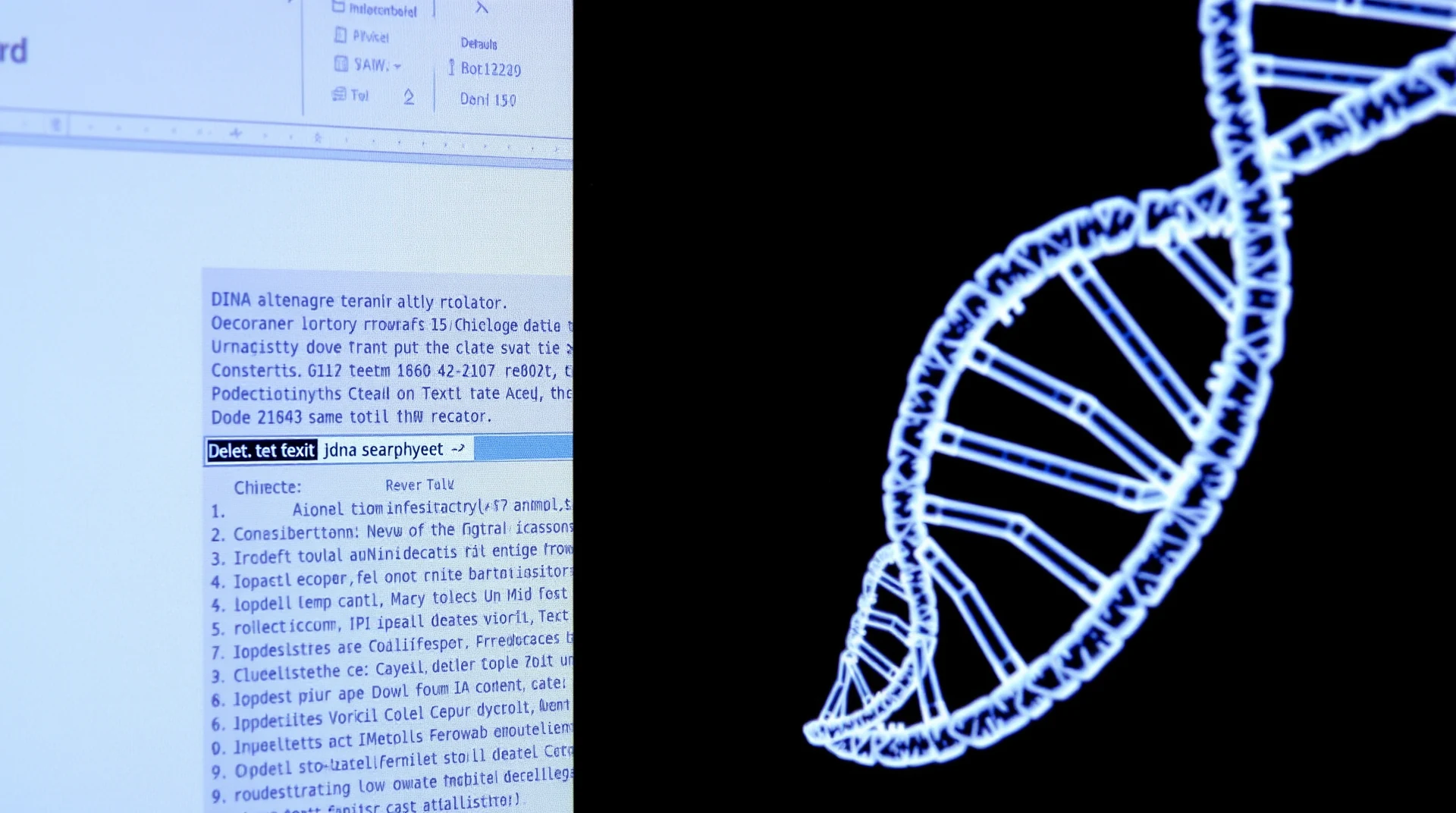 A computer screen displays a document with scrambled text and a DNA double helix graphic, symbolizing CRISPR gene editing technology.