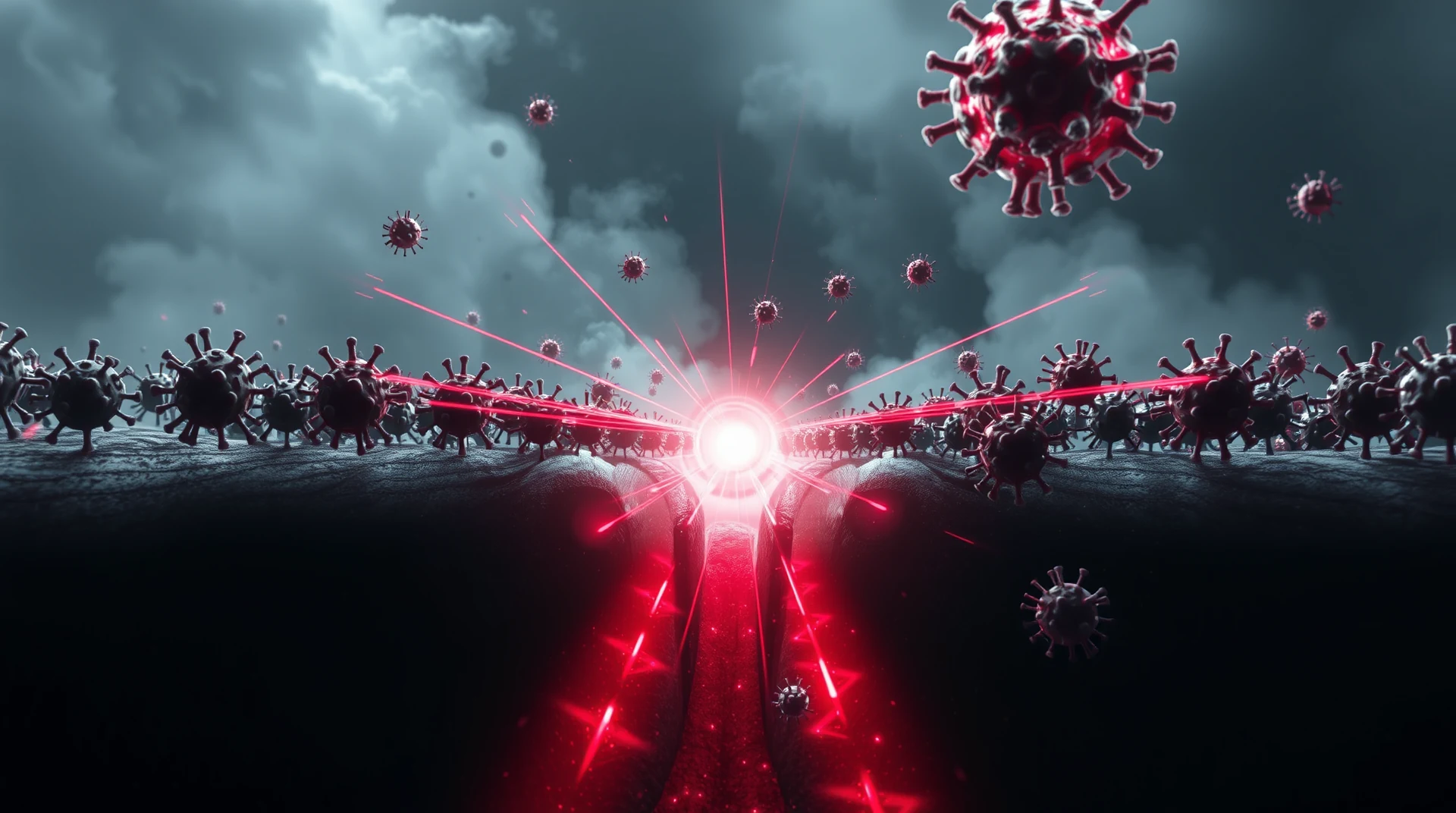 A microscopic view shows a red laser beam targeting and neutralizing multiple virus particles, symbolizing the immune system's response to pathogens.