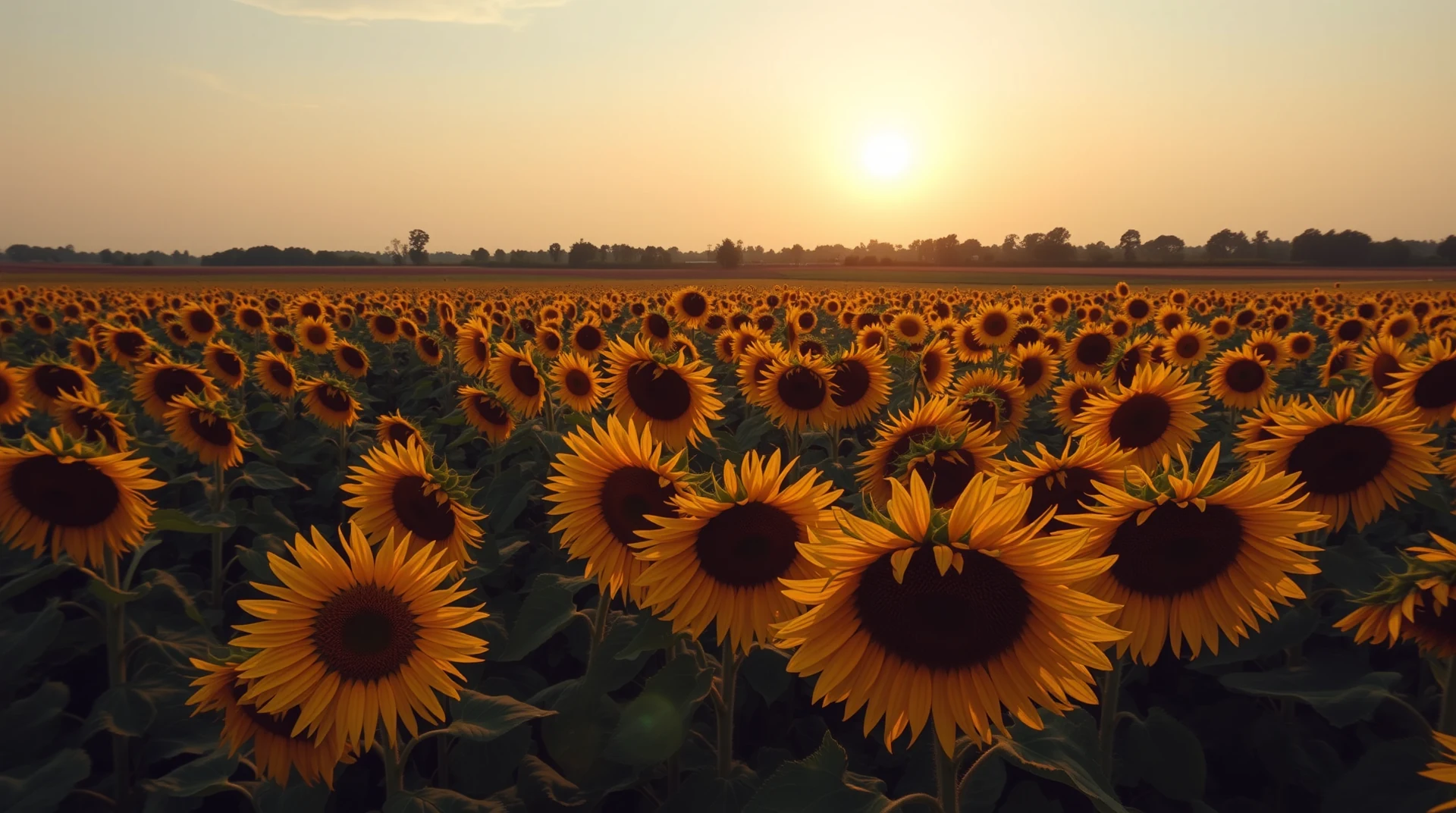 A field of sunflowers sways gently under the warm glow of a setting sun, creating a vibrant and serene scene.