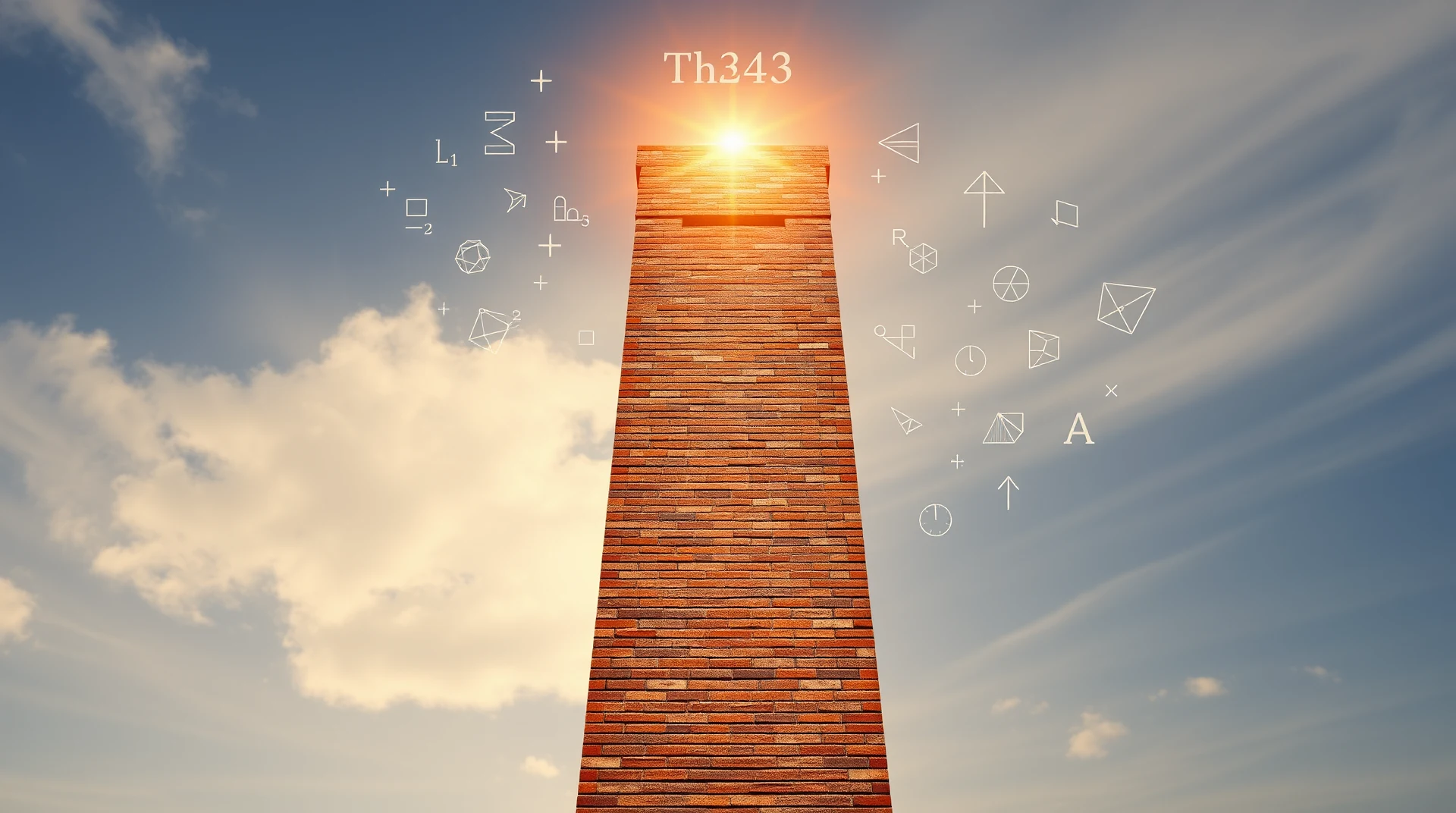 A brick tower reaches towards the sky, with mathematical symbols floating around it, symbolizing Gödel's Incompleteness Theorem.