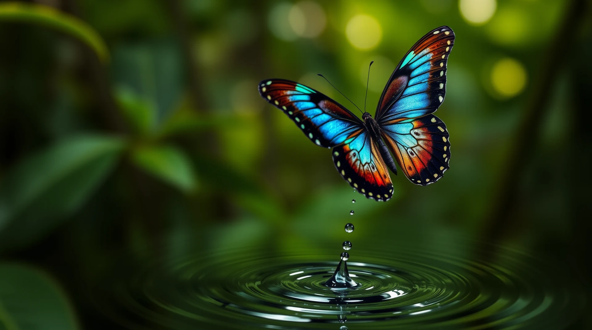 A butterfly with vibrant blue and orange wings hovers above a water droplet that creates ripples on the surface below, set against a blurred green background.