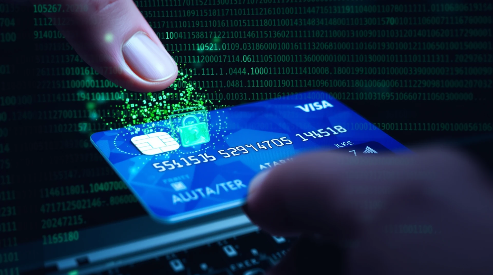 A hand interacts with a Visa card featuring a lock icon, symbolizing digital security through prime number encryption.