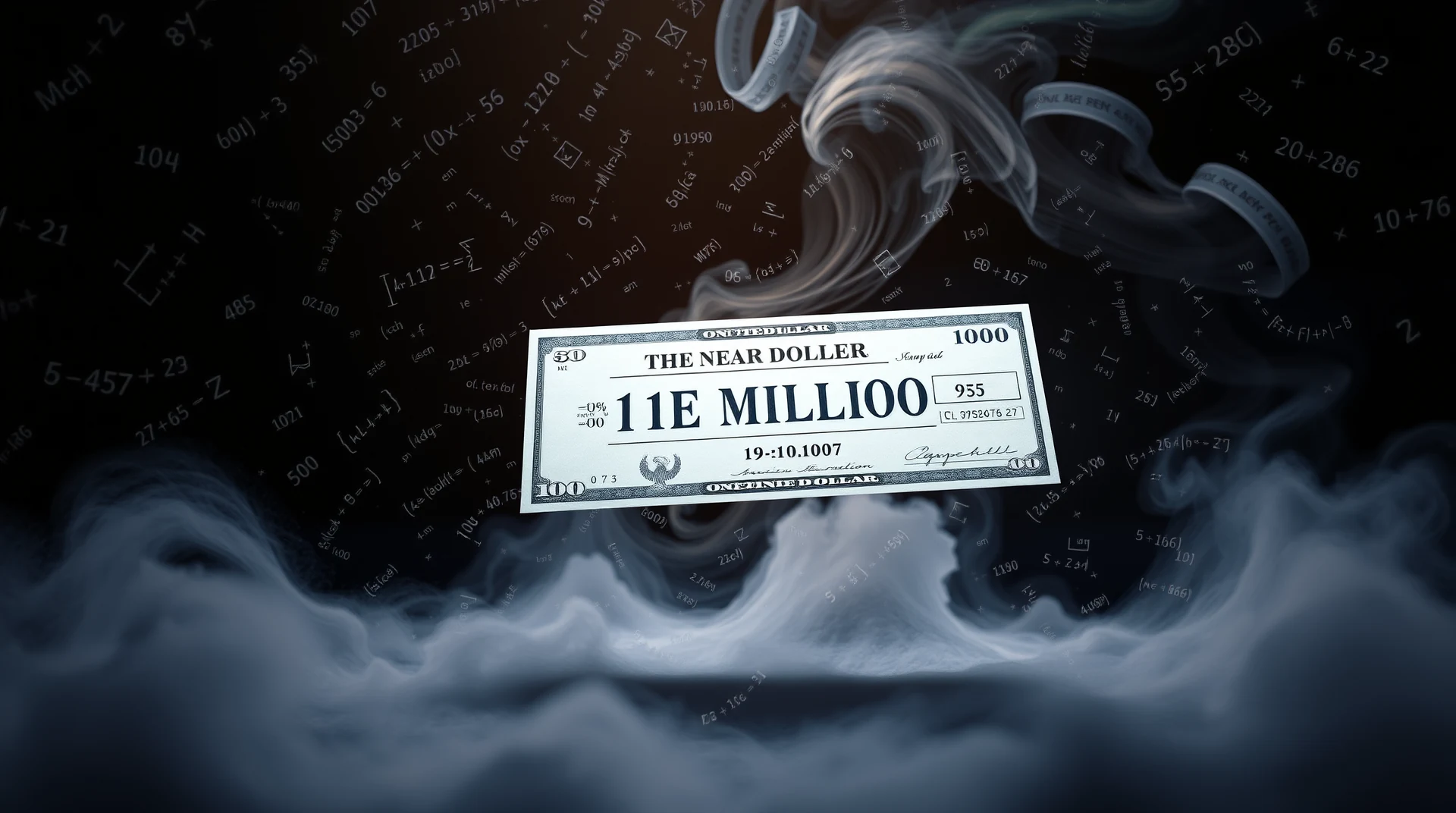 A dollar bill with the text "11E MILLIOO" and "THE NEAR DOLLER" surrounded by mathematical equations and swirling smoke.