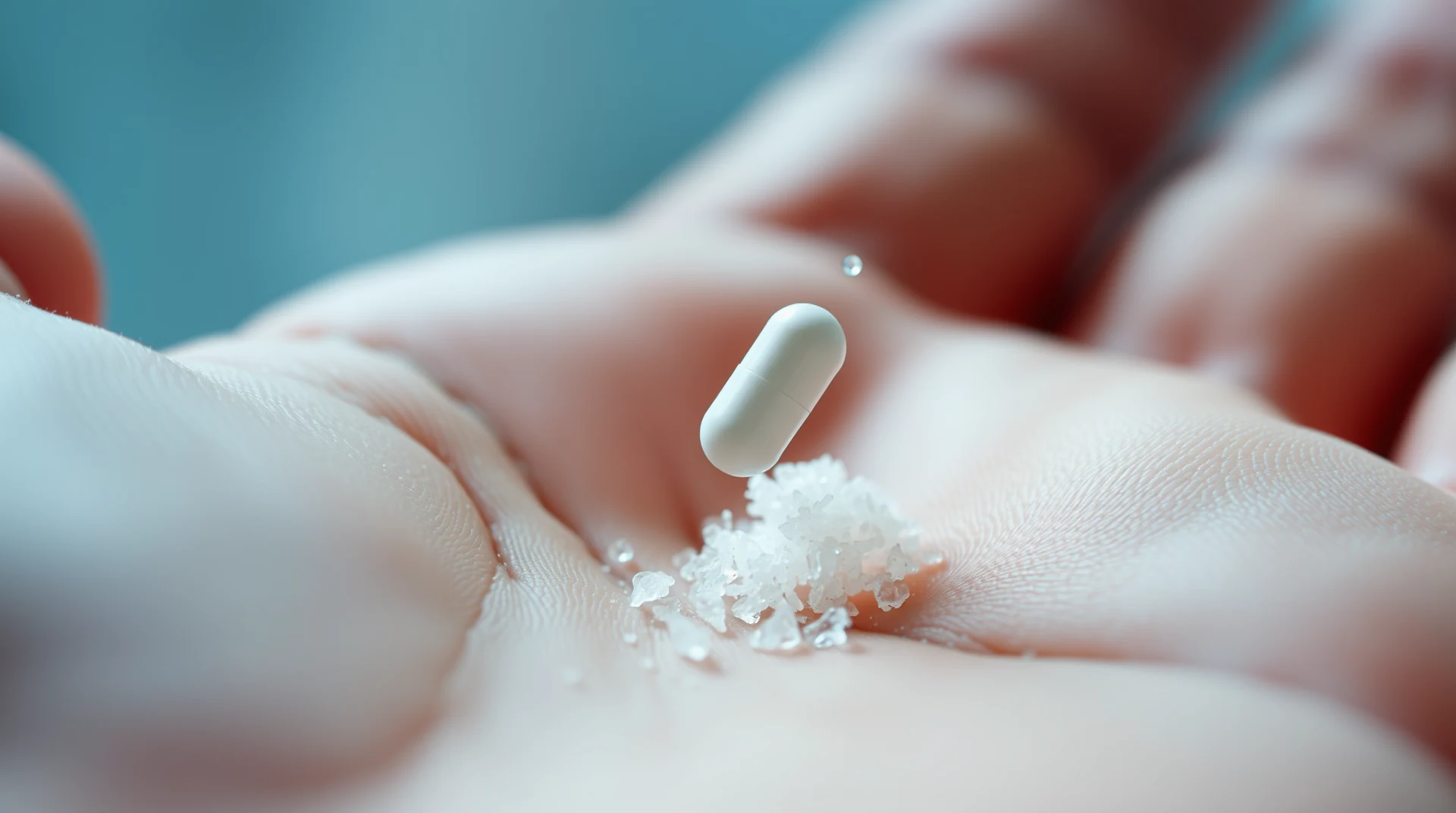 A hand holds a small white capsule above a pile of sugar crystals, symbolizing the placebo effect where the mind can heal without actual medication.
