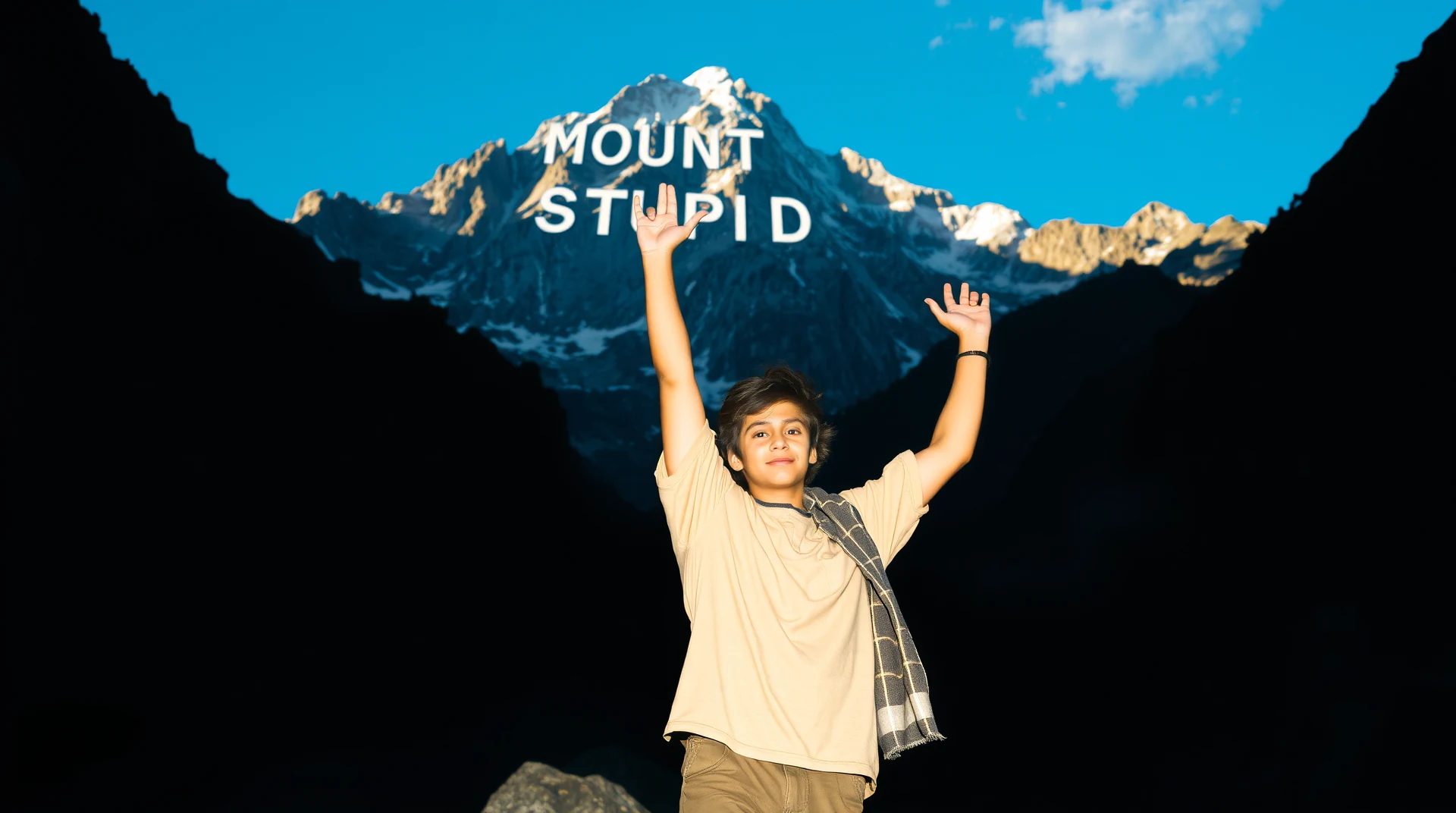 A young person stands with arms raised against a backdrop of a mountain labeled "Mount Stupid," symbolizing the Dunning-Kruger effect.